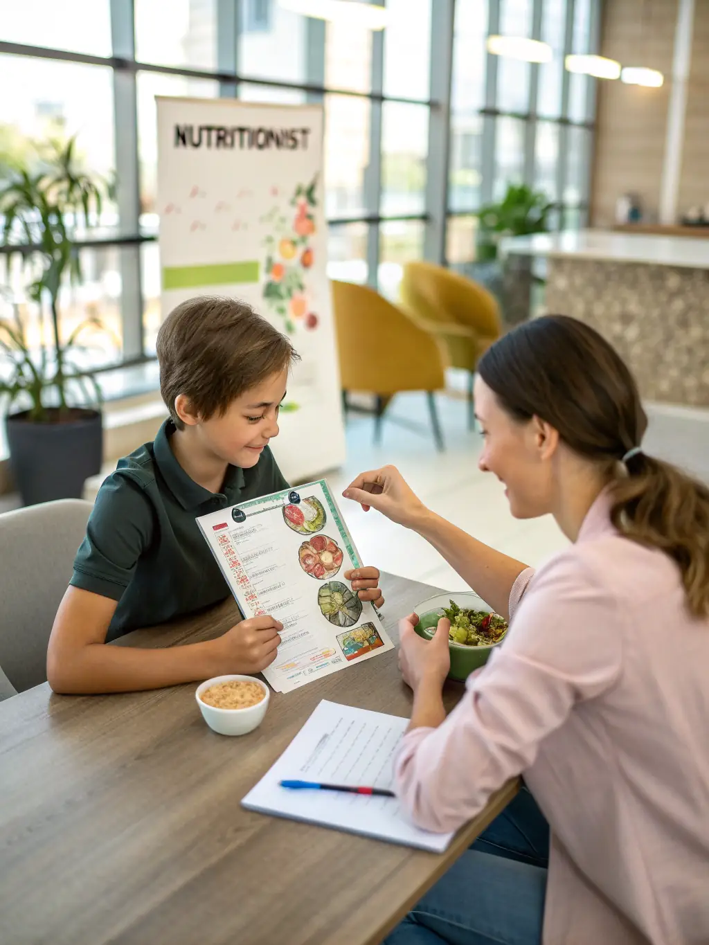 A N:OW FITNESS + RECOVERY trainer providing nutritional guidance to a client, emphasizing the importance of a balanced diet for fitness success.