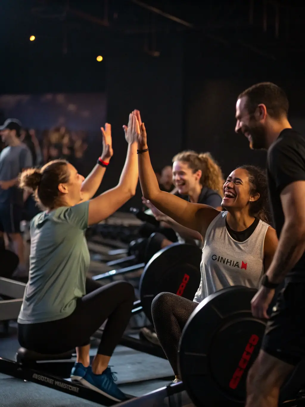 A group of diverse individuals laughing and high-fiving after a workout session at N:OW FITNESS + RECOVERY, showcasing the supportive community environment.