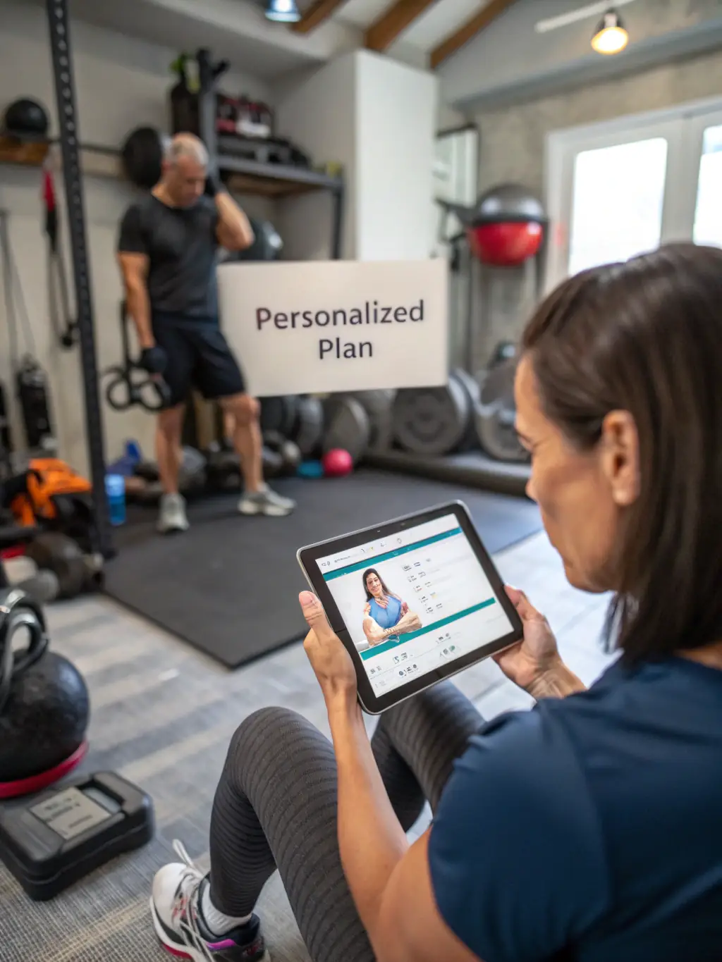 An image of a high-net-worth individual using the D.SRUPT Digital Portal on a tablet while consulting with a personal trainer in a luxurious gym setting. They are reviewing workout performance data.