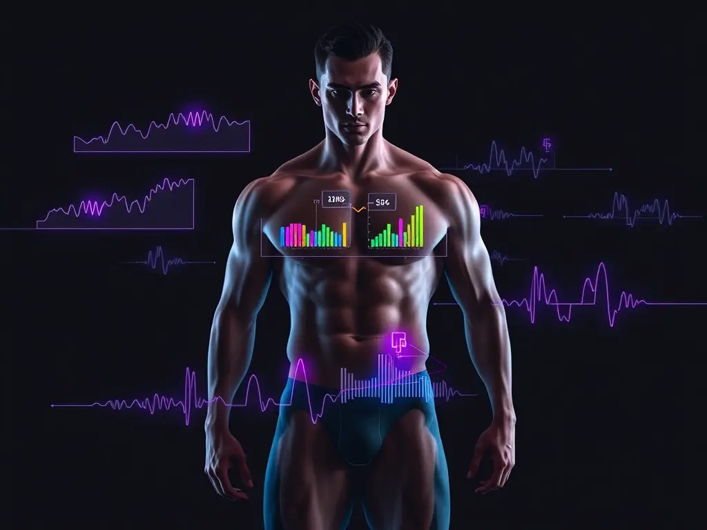 A close-up shot of a muscular arm flexing, with a subtle overlay of data points and graphs visualizing muscle activation and growth. The background is a sleek, dark interface of the D.SRUPT Digital Portal.