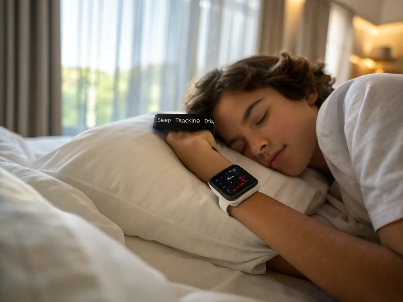 A person wearing an Apple Watch while sleeping, with a visualization of sleep data (sleep stages, heart rate variability) displayed on the watch face and a connected smartphone.
