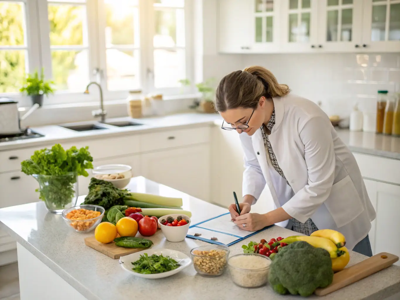 A person preparing a healthy meal, with nutritional information and macronutrient breakdowns displayed on a tablet next to them. The scene is well-lit and emphasizes the freshness of the ingredients.